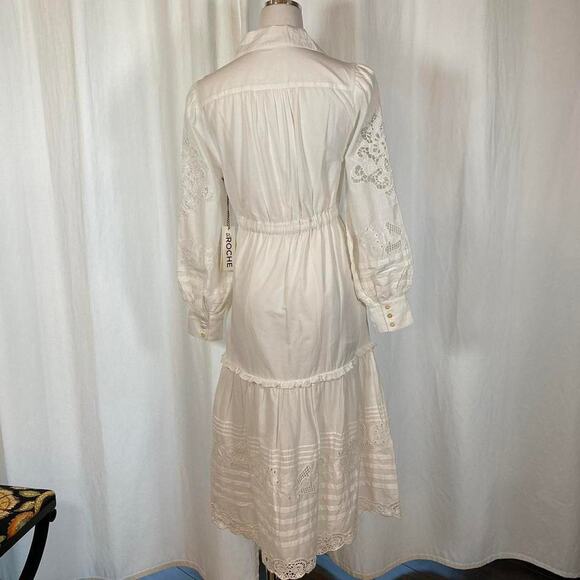 St. Roche Midi Shirt Dress White Cotton Collared Puff Sleeve Tiered Sz 6 Cottage - Picture 7 of 15